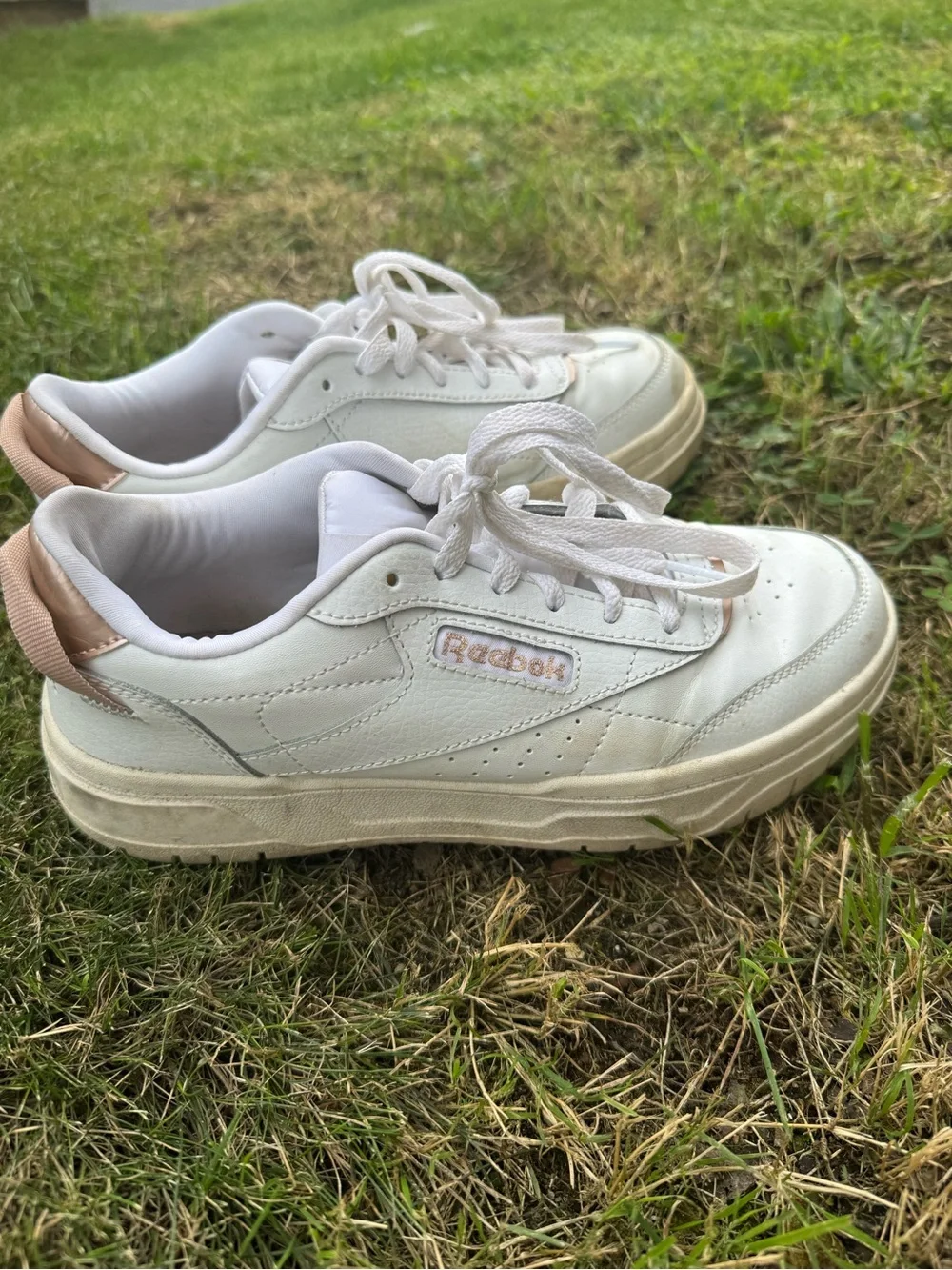 Reebok White Leather Sneakers with Blush Heel